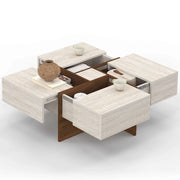 IDMarket - Tavolino quadrato TALIA da 70 cm con cassetti in legno effetto noce e piano in travertino