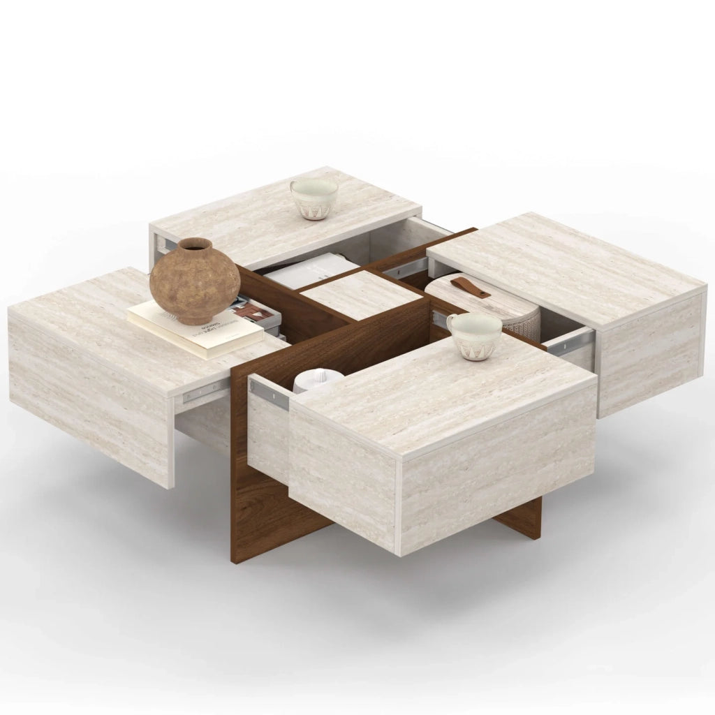IDMarket - Tavolino quadrato TALIA da 70 cm con cassetti in legno effetto noce e piano in travertino