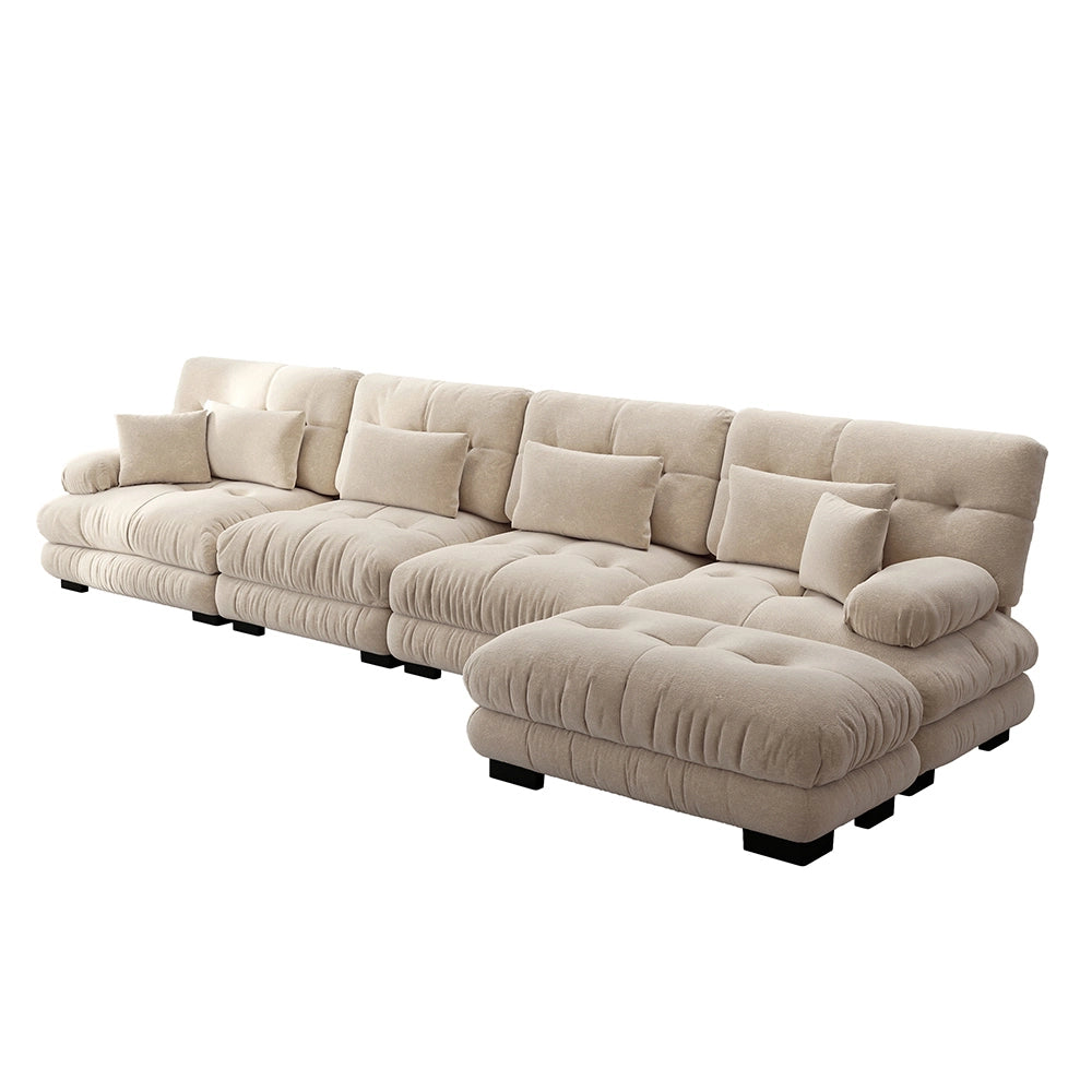 Divano angolare modulare - Xylo - Configurazione L, 4 posti con pouf removibile, chenille marrone chiaro