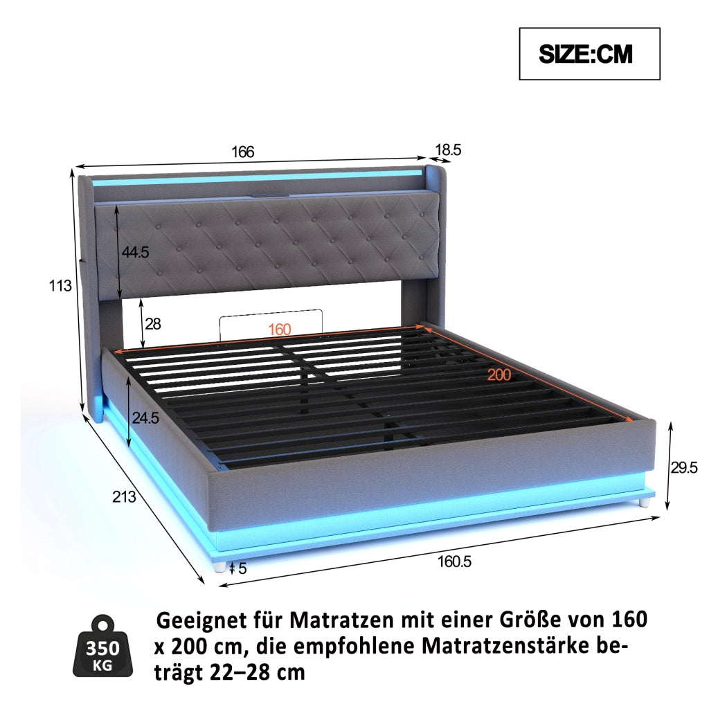 Letto imbottito 160x200 cm con LED multicolore, USB e contenitore idraulico grigio