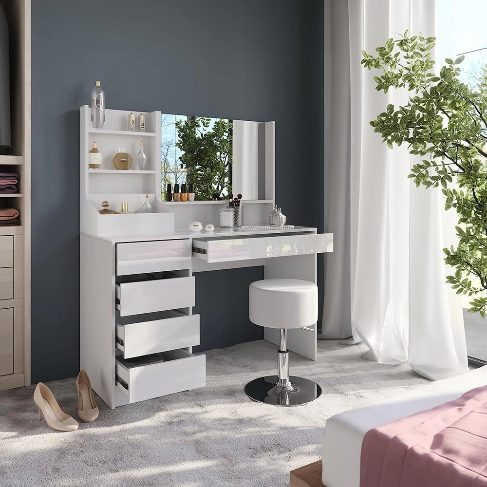 Tavolo da toeletta Sherry, Bianco/bianco lucido, 119.8 cm 4 parti