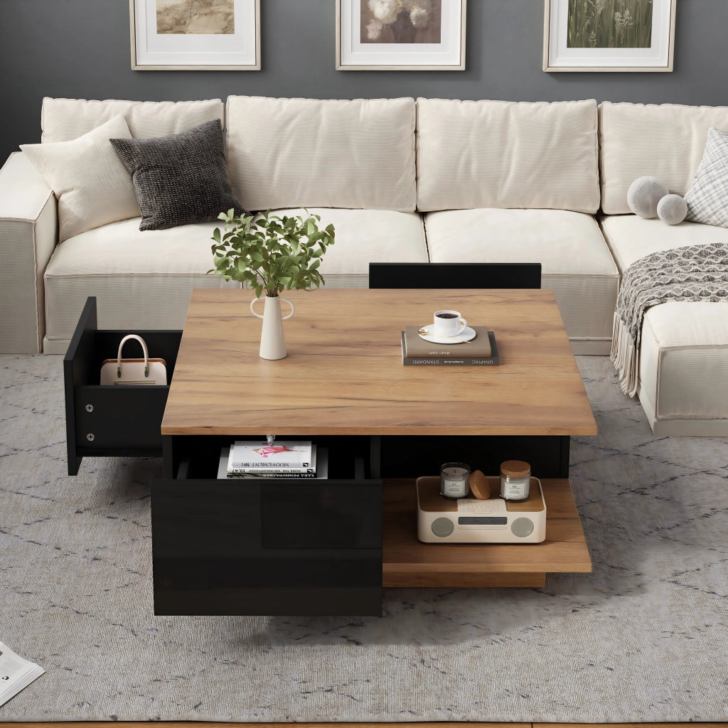 Tavolino da caff¨¨ quadrato 70 x 70 x 31,5 cm con 3 cassetti e vano aperto, colore nero e finitura legno