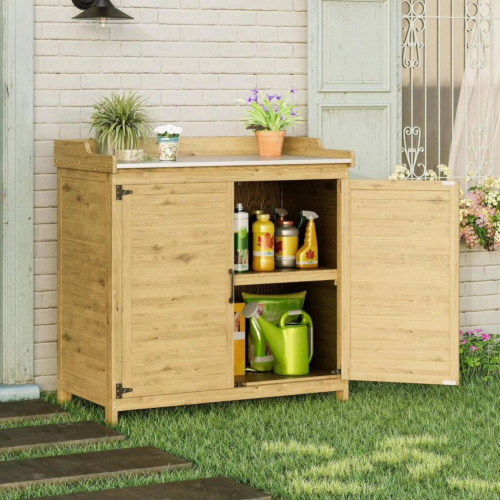 Tavolo da Esterno per Piante, Tavolo da Giardino con Piano di Lavoro Impermeabile, Tavolo da Lavoro in Legno con 1 Ripiano Regolabile, 48x98x95 cm. (Naturale)