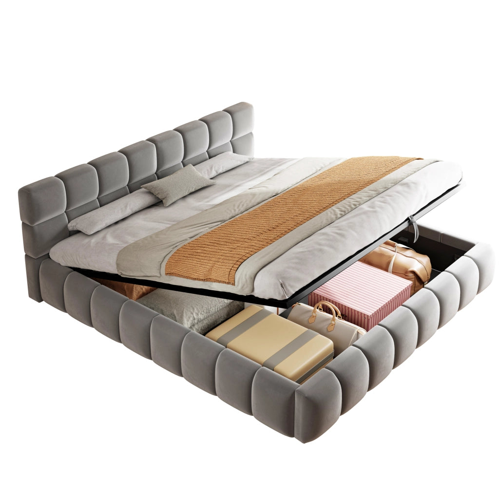 Letto imbottito 180x200 cm in velluto grigio con LED, contenitore idraulico e rete a doghe