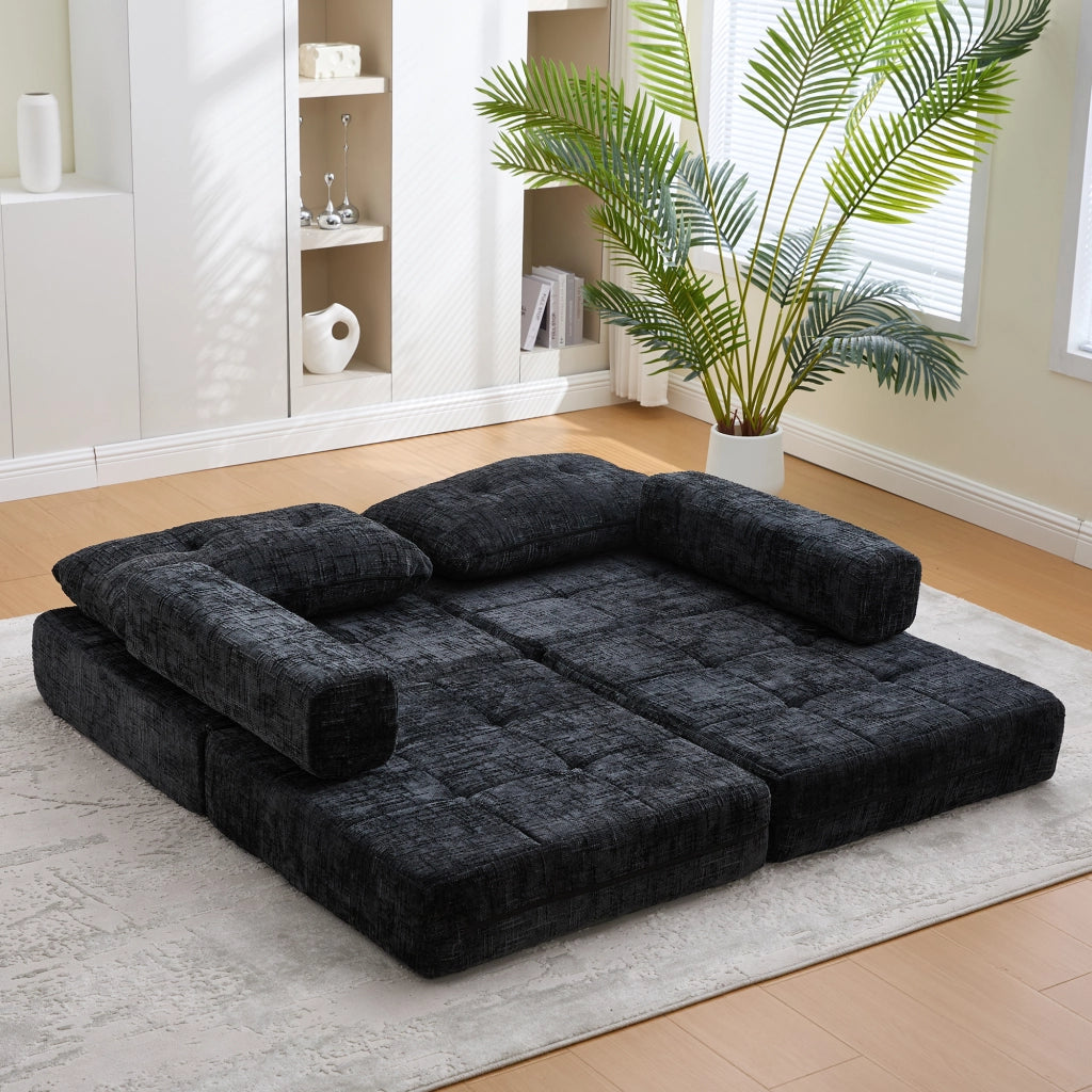DIVANO LETTO Pieghevole 79x180x18 cm Chenille Nero con cuscini