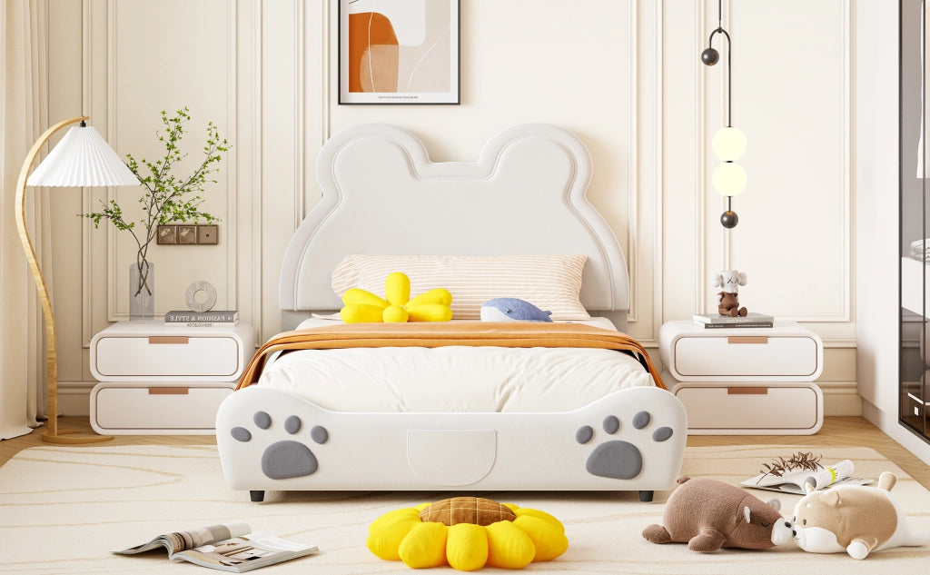 Letto per bambini imbottito 140x200 cm a forma di orso in velluto; bianco