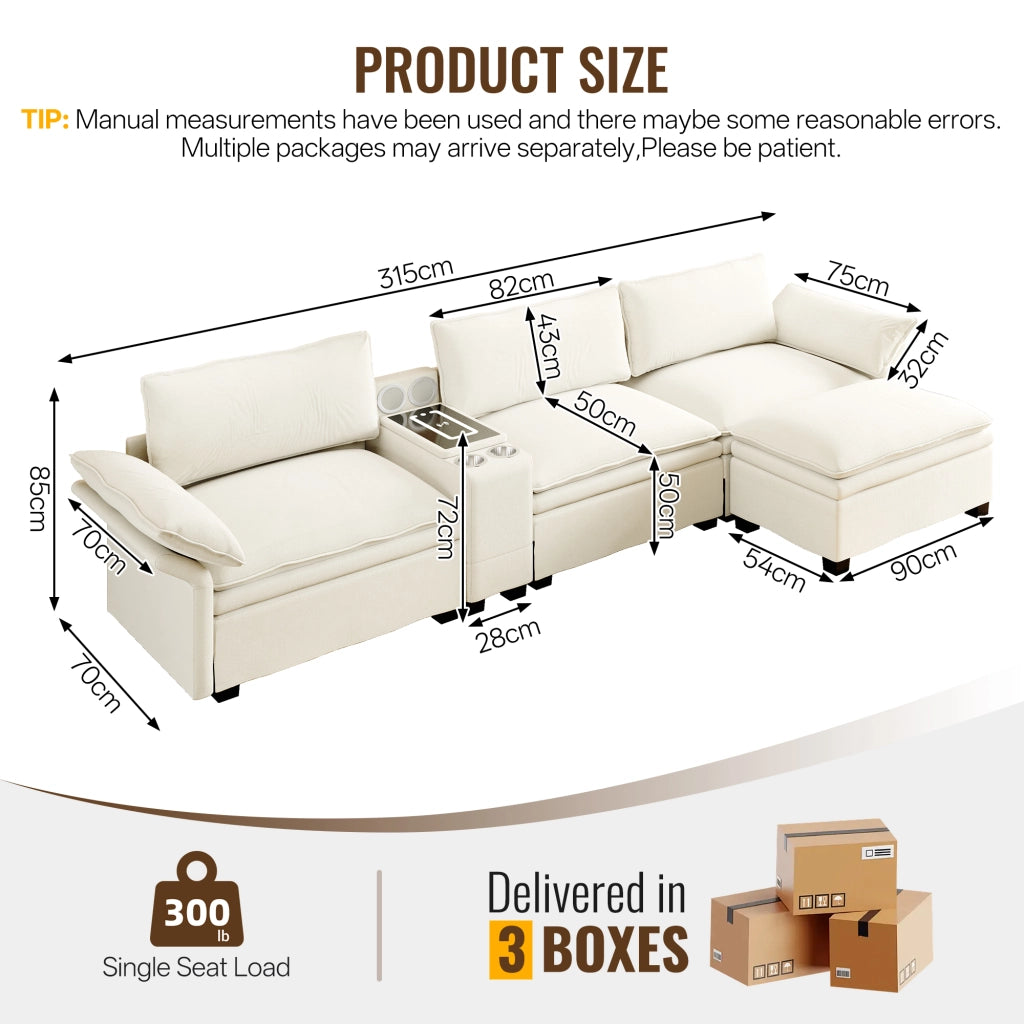Divano Angolare Modulare con Contenitore, Luce e Speaker ¨C MINIMAL ¨C Chenille Beige/Bianco 315cm