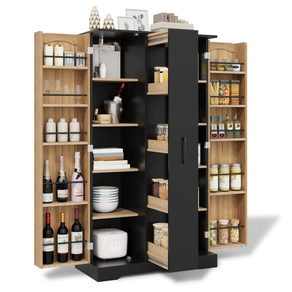 Credenza con 2 ante e 4 ripiani regolabili, porta spezie verticale, per cucina e soggiorno, 150 × 78 × 40 cm
