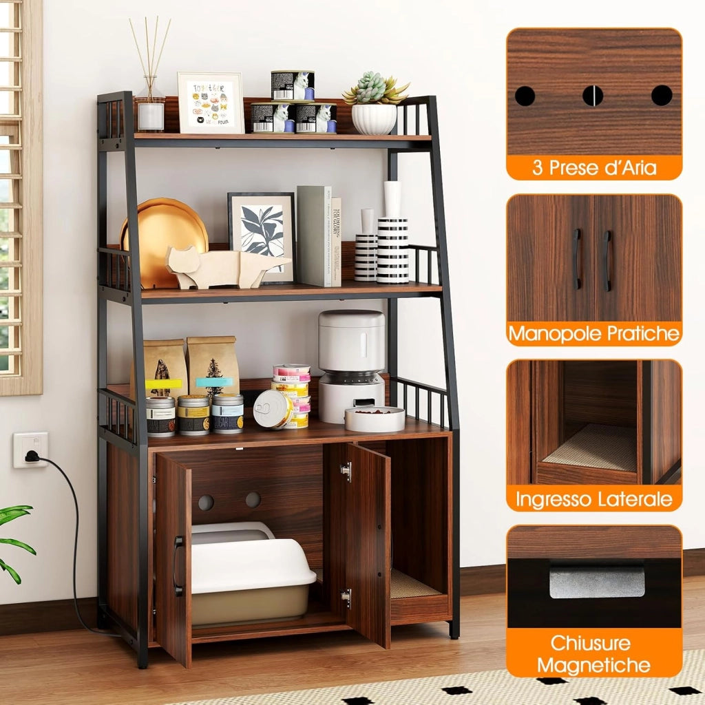 Mobile Lettiera per Gatti 80 x 40 x 132 cm, Credenza Soggiorno con Ripiani di Stoccaggio, Tiragraffi per Gatti, 2 Prese AC e Cuccia, Armadio Salvaspazio per Cuccia e Ingresso (Nocce)