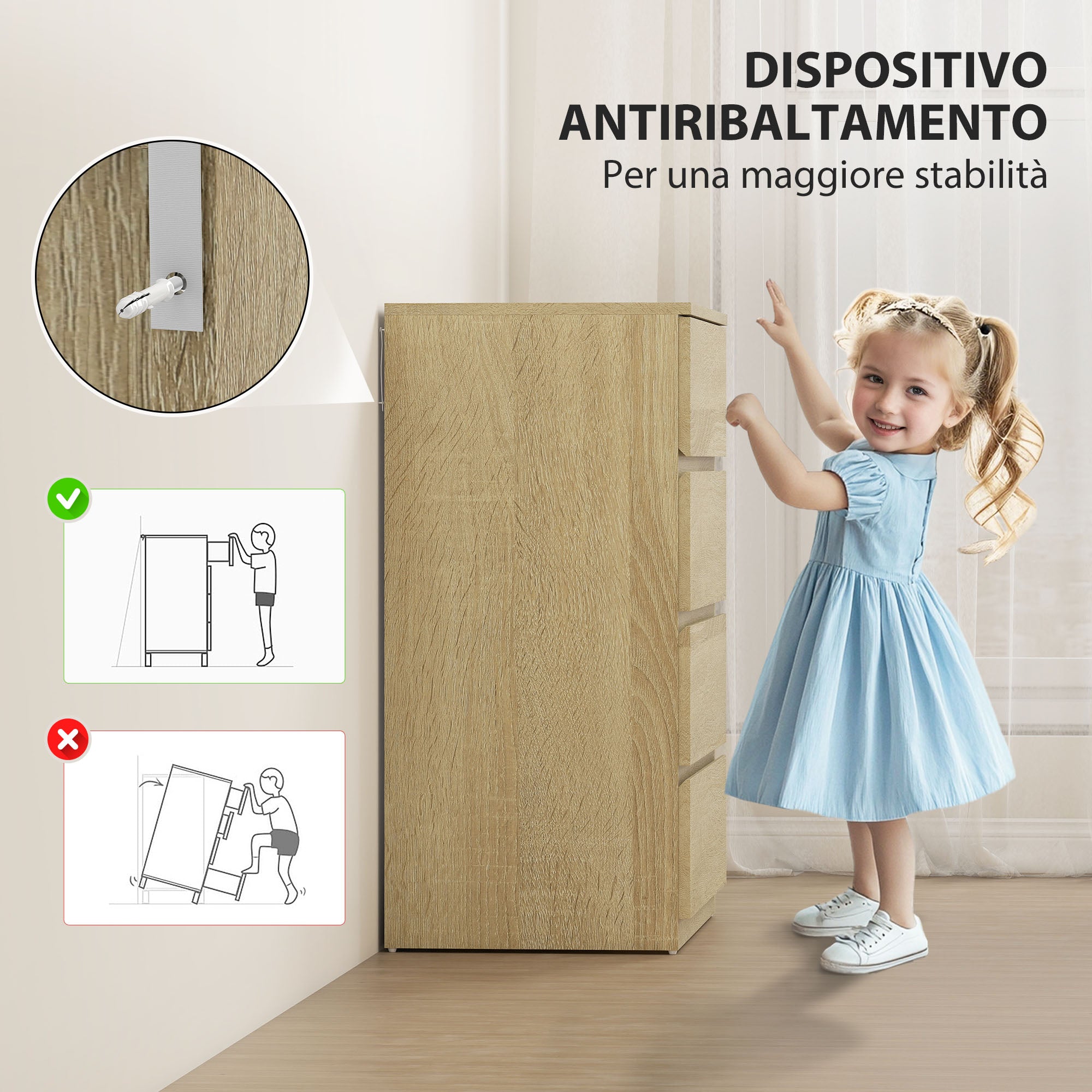 Cassettiera 4 Cassetti 60x40x80 cm con Guide in Metallo e Maniglie Scanalate in Legno color Faggio