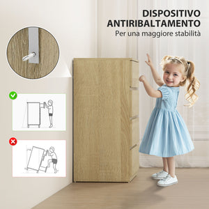 Cassettiera 4 Cassetti 60x40x80 cm con Guide in Metallo e Maniglie Scanalate in Legno color Faggio