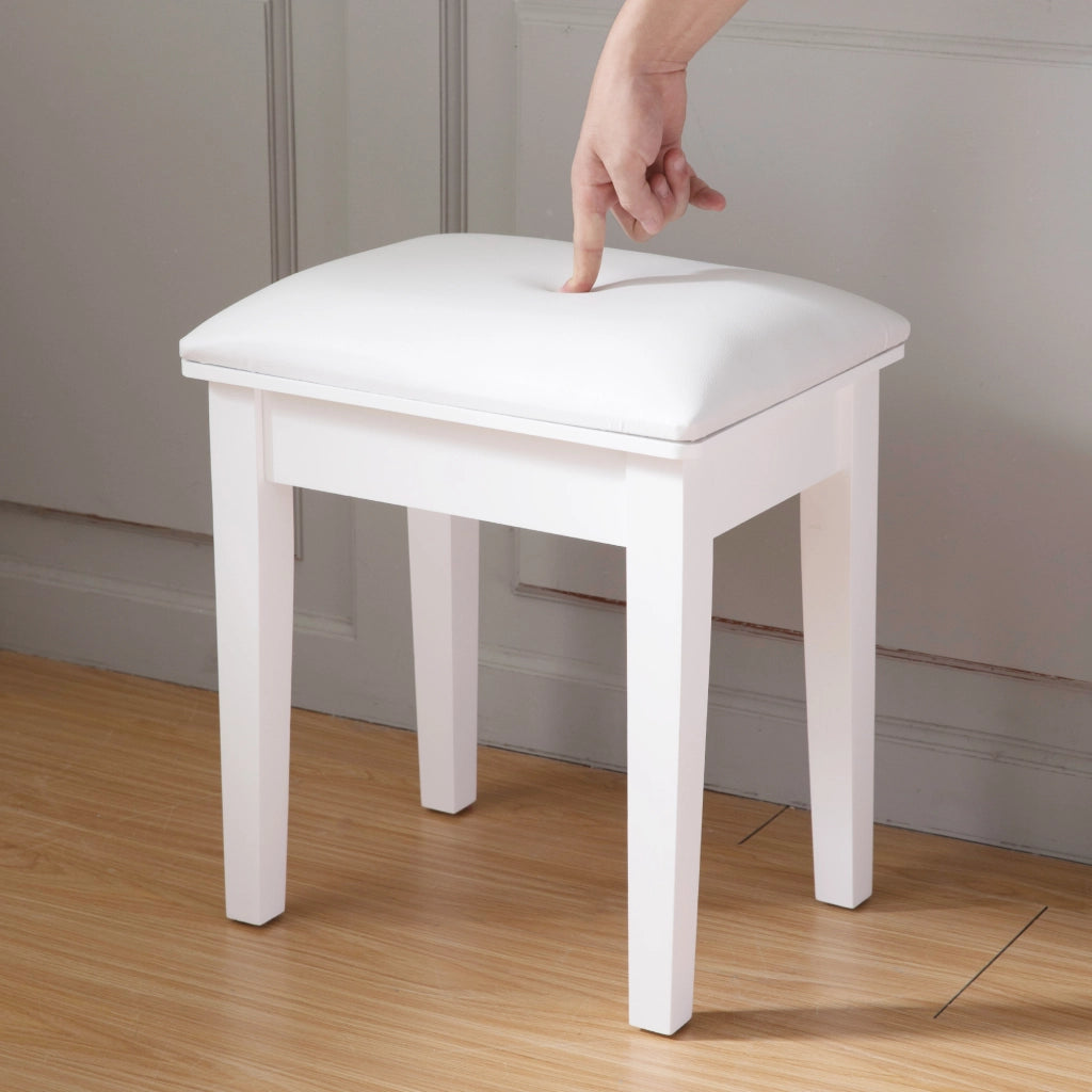 Sgabello da trucco imbottito con gambe in legno, in PU bianco