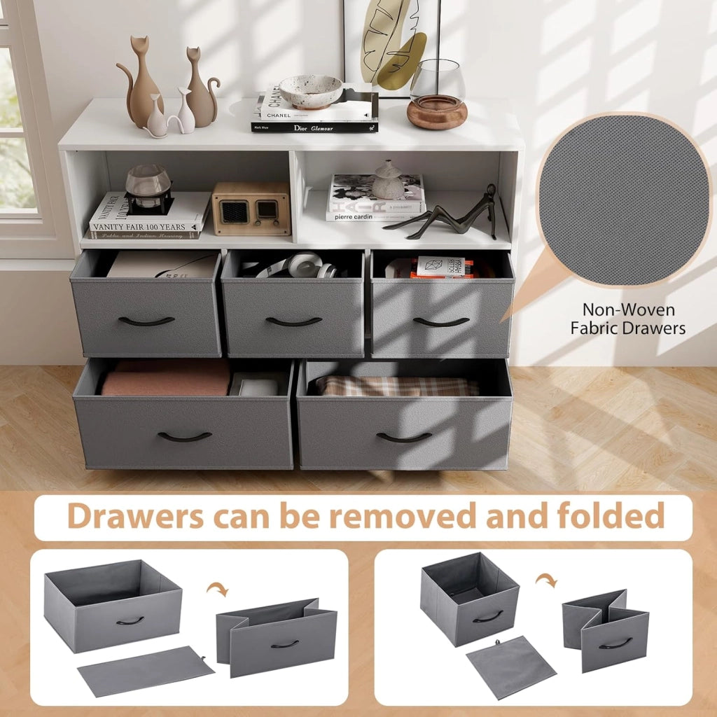 Comò con 5 Cassetti in Tessuto, Cassettiera con 2 Somparti Aperti e Cassetti Rimovibili e Pieghevoli, Porta Tv fino a 50", Armadio Multiuso per Camera da Letto, Soggiorno, 100 x 30 x 78 cm