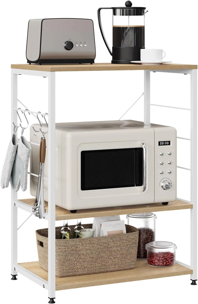 Scaffale per Cucina Carrello per Microonde Forno a 3 Ripiani in Metallo e Legno Scaffalature Fioriera Multiuso, Rovere Chiaro