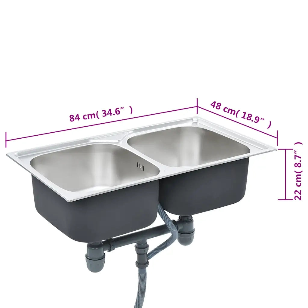 Lavello da Cucina Doppio con Filtro e Sifone in Acciaio Inox 145074