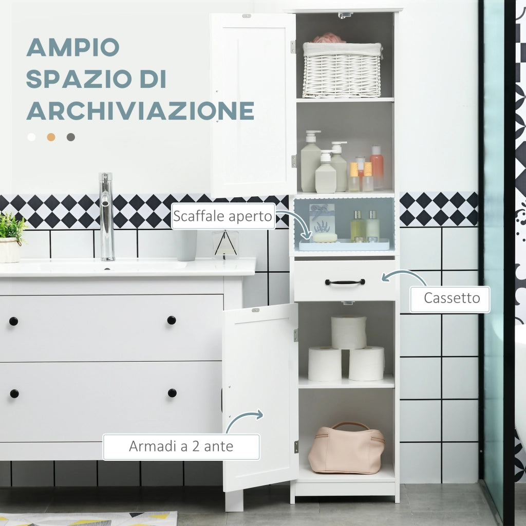 Mobile Colonna Bagno in Legno con Mensola Aperta, Cassetto e 2 Armadietti, 40x30x164 cm, Bianco