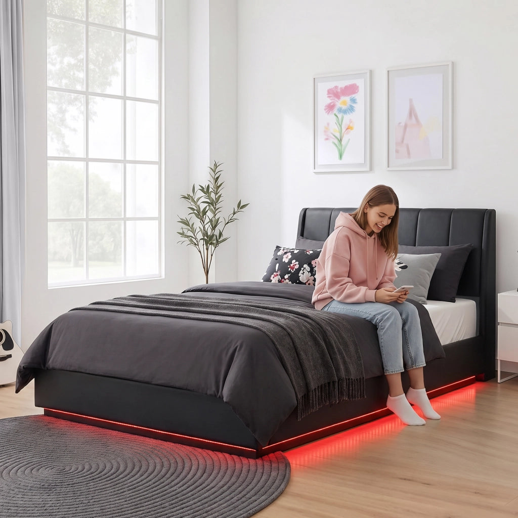 Letto Francese Contenitore Tröstiar con Apertura a Ribalta e Luce LED 140x200 cm - Similpelle Nero [en.casa]