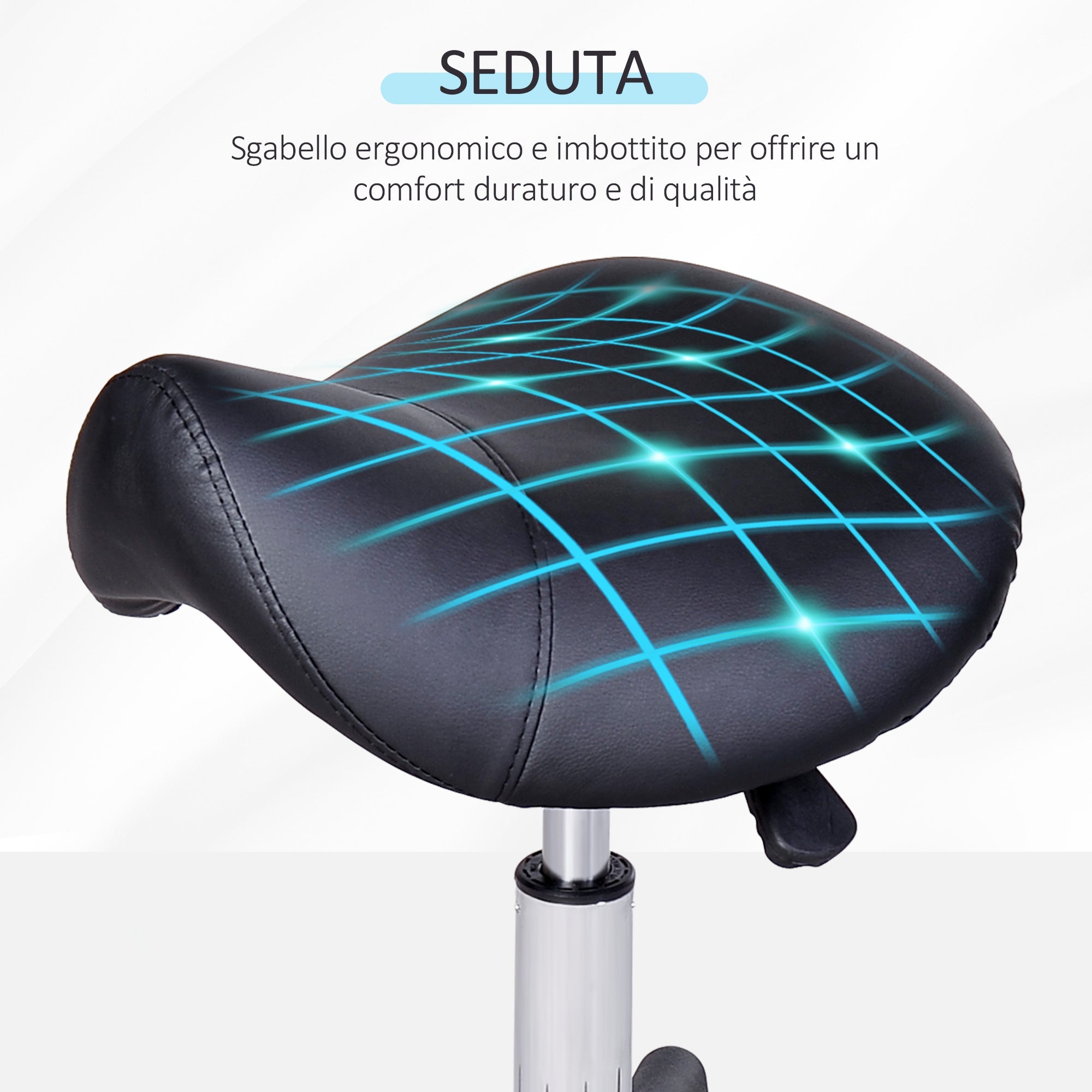 Sgabello Girevole a Sella per Parrucchieri con Ruote e Altezza Regolabile 35x38x43-55 cm in Similpelle Nero