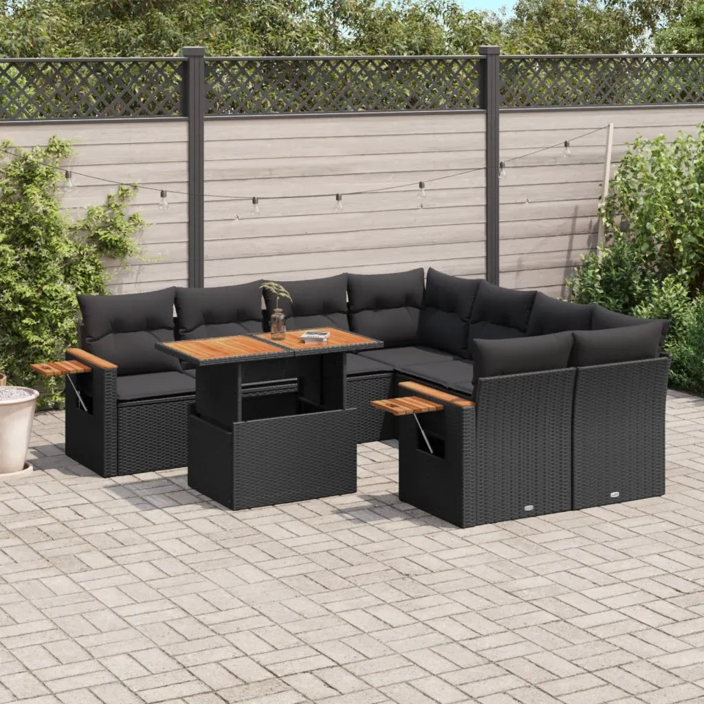 Set Divani da Giardino 9 pz con Cuscini Nero in Polyrattan