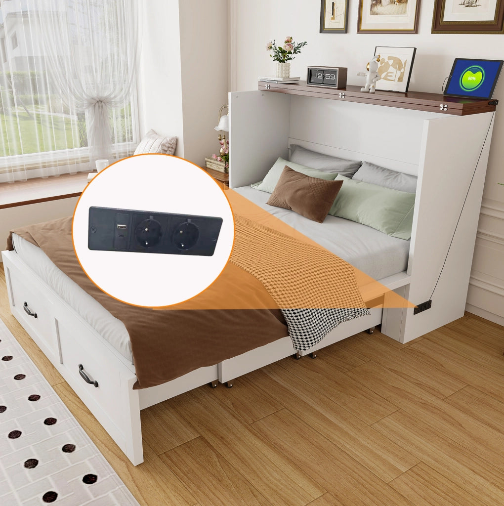 Letto a scomparsa pieghevole 140x200 cm in legno e metallo; bianco; con presa elettrica