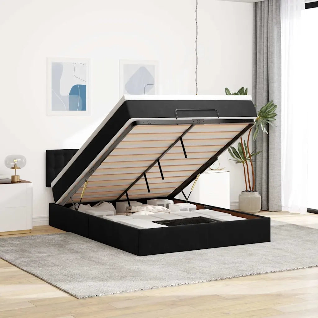 Struttura Letto Pouf con Materasso Nero 140x200 cm in Velluto