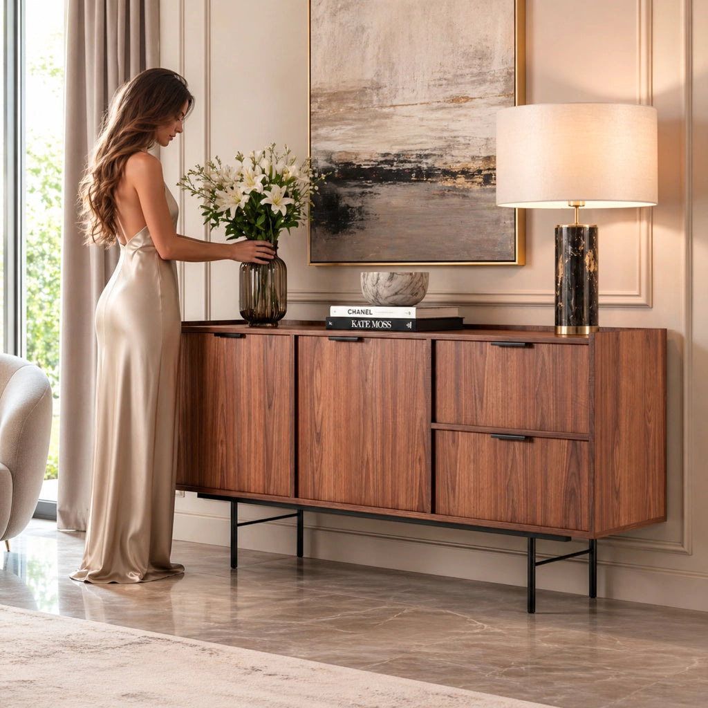 Credenza Design Moderno Con 2 Ante 2 Cassetti Ripiani Interni Gambe In Metallo E Struttura In Melaminico Per Soggiorno Sala Da Pranzo Ingresso Ampio Spazio Contenitivo 150 X 40 X 68 Cm Noce