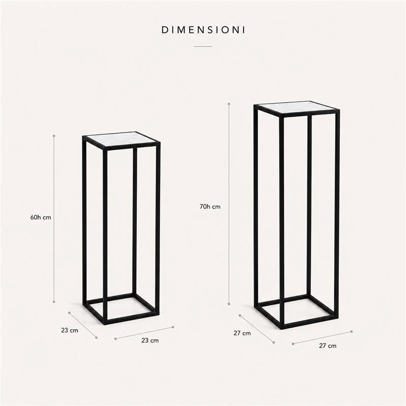 2 COLONNINE IN METALLO MISURE 23X60CM E 27X70CM CON TOP IN MDF SIMIL MARMO