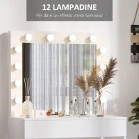 Set Tavolo da Trucco Toeletta con Specchio, 12 Luci LED, Sgabello Imbottito e Ampio Cassetto in Legno, 80x40x140 cm, Bianco