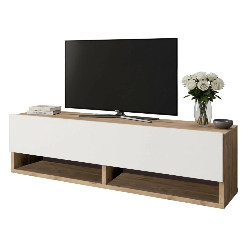 Mobile porta TV Iva, Credenza da soggiorno, Armadio basso per TV, Base parete attrezzata, 100x32h29 cm, Quercia e Bianco
