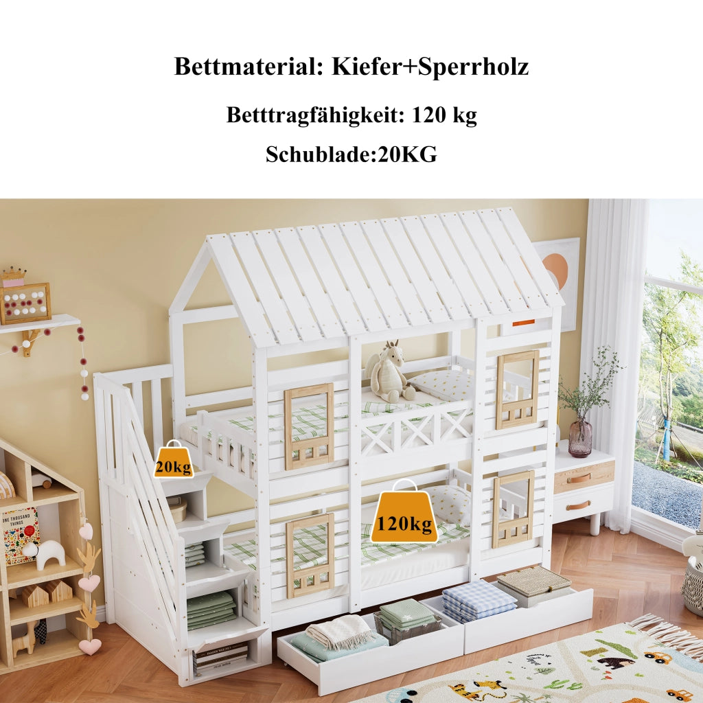 Letto a Castello 90x200 cm; Letto per Bambini - Finestre; 2 Cassetti; Scala 4 Scomparti
