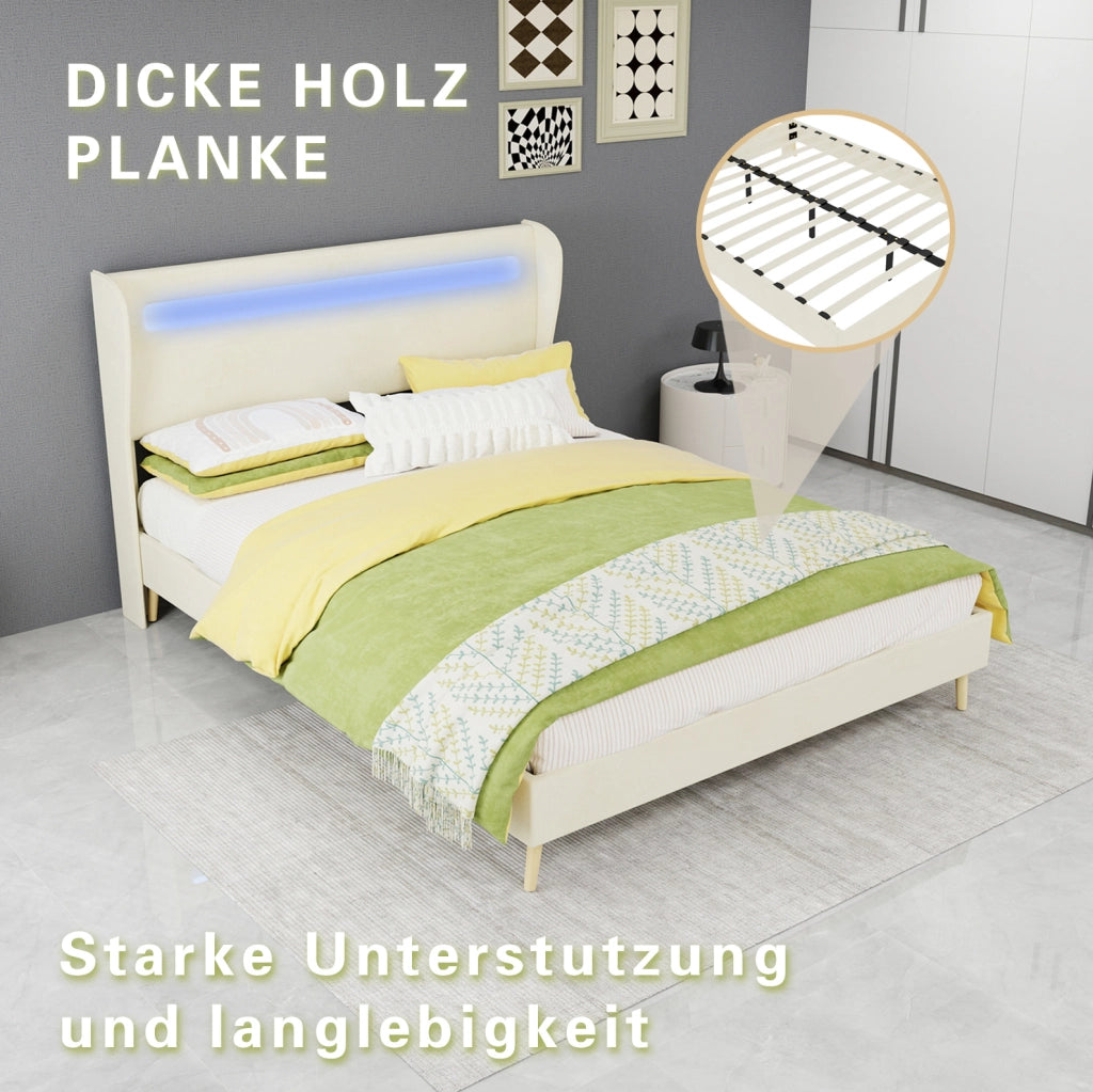 Letto imbottito con testiera regolabile e LED multicolore; 140 x 200 cm; beige