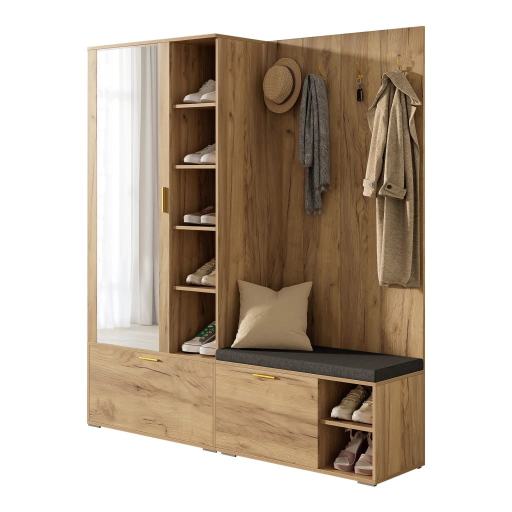 Mobile Ingresso Guardaroba 160×38×180 cm Nero e Legno con Specchio; Scarpiera; Panca e Appendini