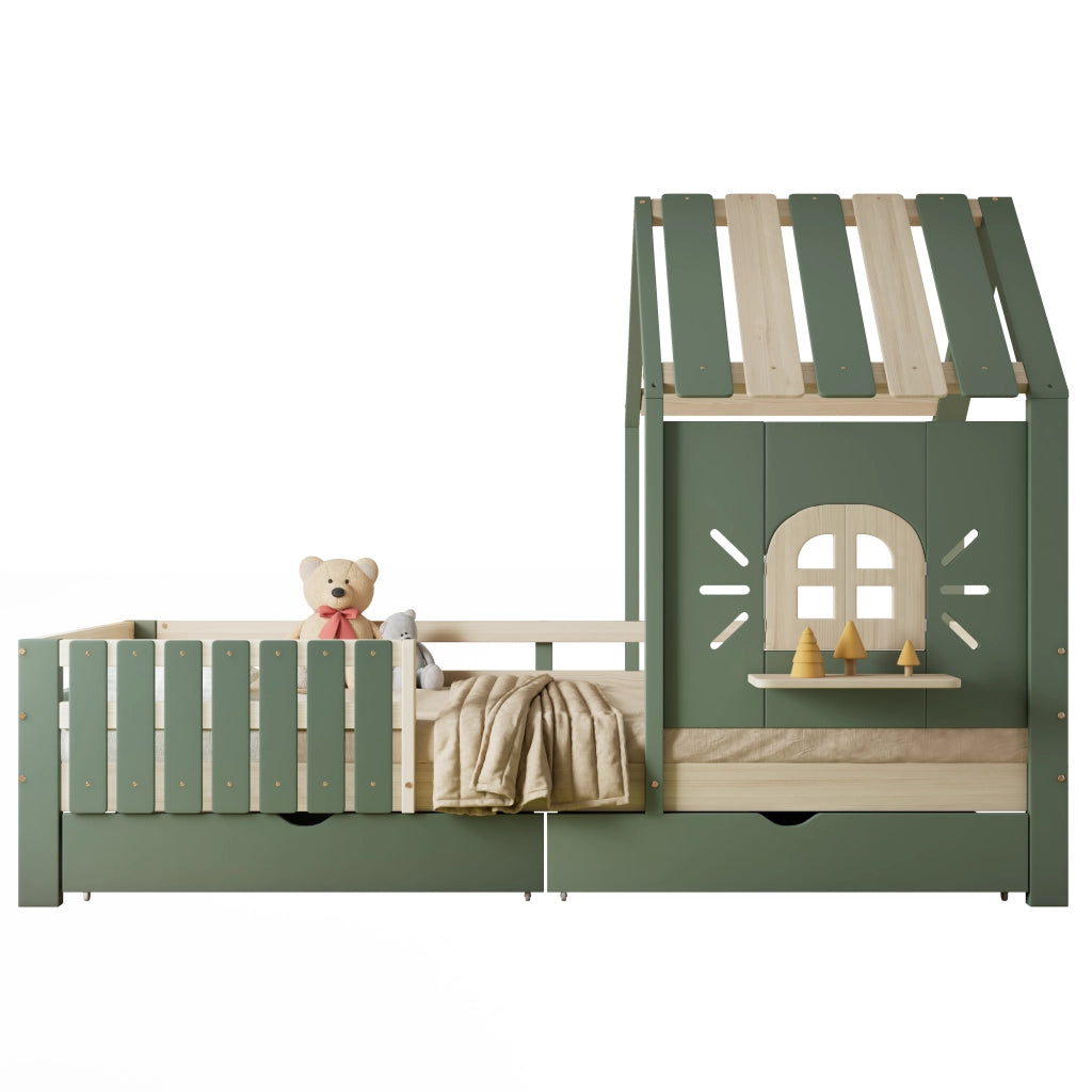 OKWISH Letto a Casetta 90×200 cm, Letto Singolo con 2 Cassetti e Finestra, senza Materasso, in Legno Massello e MDF, Verde