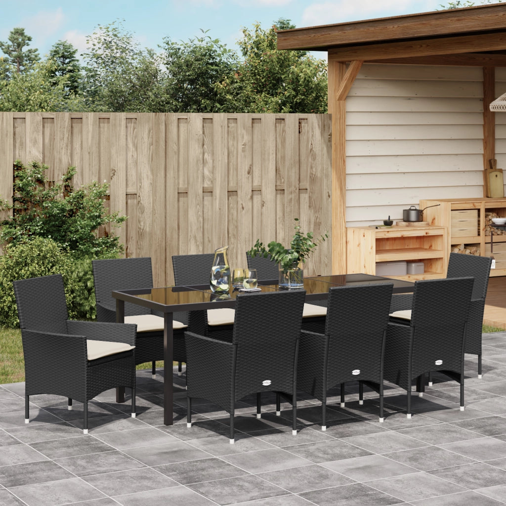 Set da Pranzo da Giardino  9 Pezzi con Cuscini in Rattan Polyrattan Nero