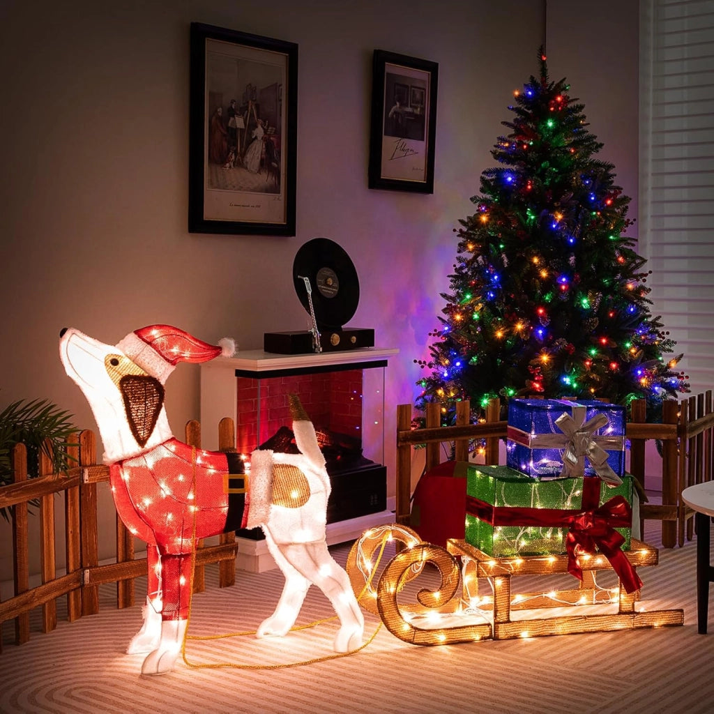 Decorazioni Natalizie Illuminate di Cane e Slitta, Luci Natalizie a Forma di Cane da Esterno Interno, Decorazione Natalizia Festosa con 170 Luci LED per Giardino e il Cortile