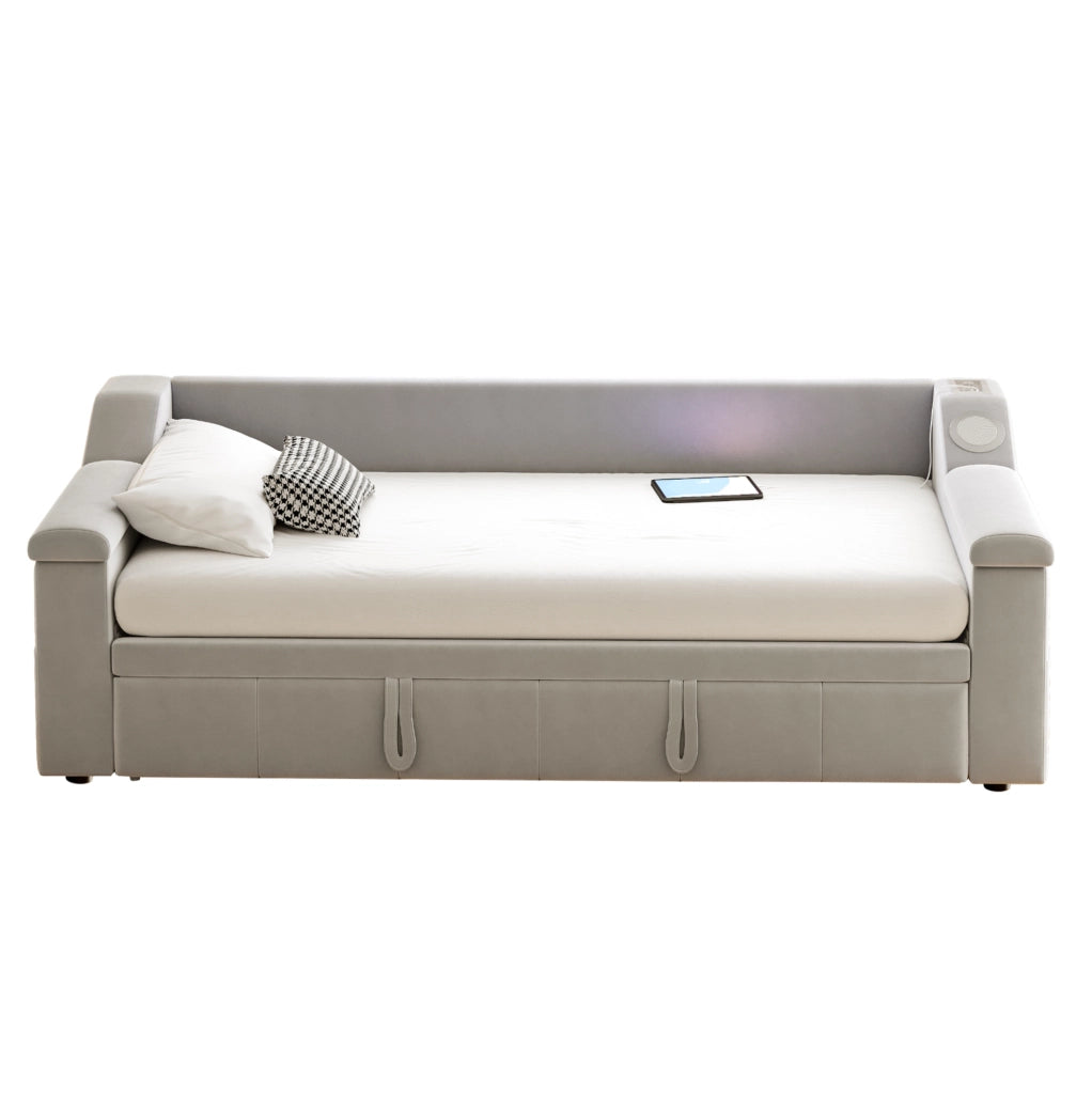 Divano letto 90x190/180x190 cm con Bluetooth, USB e vani in velluto grigio