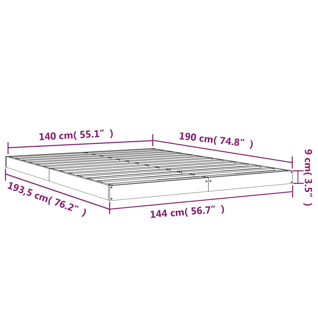 Letto matrimoniale | Letto per adulti | Letto senza Materasso 140x190 cm in Legno Massello di Pino