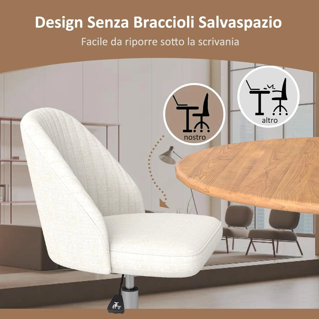 Sedia da Ufficio, Sedia da Scrivania Moderna senza Braccioli, con Schienale Curvo e Seduta Imbottita, Regolabile in Altezza con Rotelle Lisce per Camera da Letto (Beige)