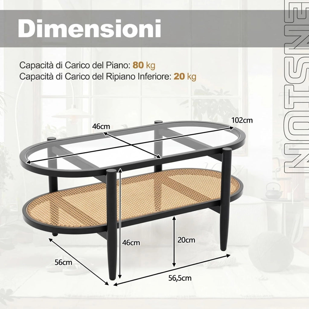 Tavolino da Caffè Salvaspazio, Tavolino da Divano a 2 Ripiani con Piano in Vetro Temperato, Struttura in Legno e Piedini Regolabili, per Soggiorno, Camera da Letto Ufficio, 102 X 56 X 46 CM