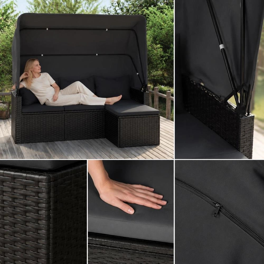 3-seater Garden Sofa With Canopy And Footstool, Black Poly Rattan