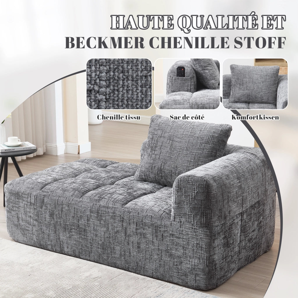 Divano Méridienne Chaise Longue con Cuscino e Tasche Laterali Design Ergonomico in Ciniglia Grigio 158 × 90 × 60 cm