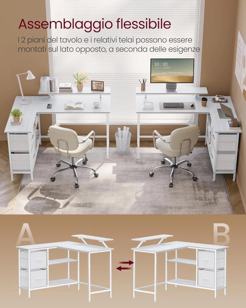 VASAGLE Scrivania per Computer a L, Scrivania ad Angolo con 2 Cassetti Spaziosi e Supporto per Monitor, Ripiano Regolabile, per Ufficio Studio, Bianco Acero LWD097W01