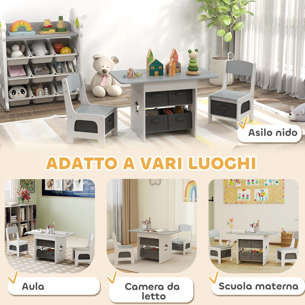 Set Tavolo e Sedie per Bambini 3-8 Anni con 6 Cassetti e Bordi Arrotondati. in Legno e Tessuto. Grigio e Bianco
