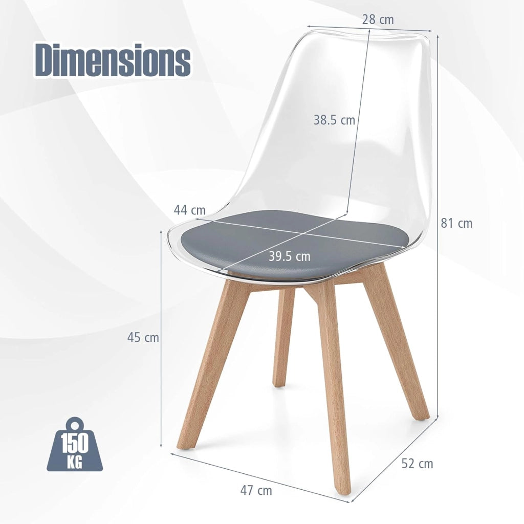 Set di 4 Sedie da Pranzo Trasparenti, Sedie da Cucina con Seduta Imbottita, Schienale Curvo e Gambe in Legno Massello, per Soggiorno e Camera da Letto, Capacità di Carico 150 kg (Grigio)