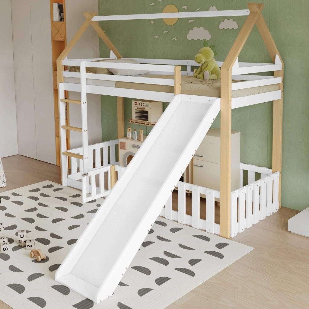 OKWISH Letto a Soppalco 90×200 cm, Letto Singolo con Scivolo, Scala e Spazio Gioco con Spondine, senza Materasso, Bianco e Naturale