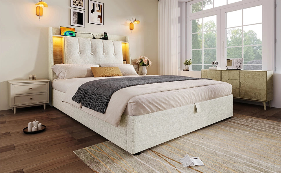 DESMIU Lit con contenitore 90 × 200 cm 1 posto con USB, Type-C, LED, senza materasso, in lino, beige