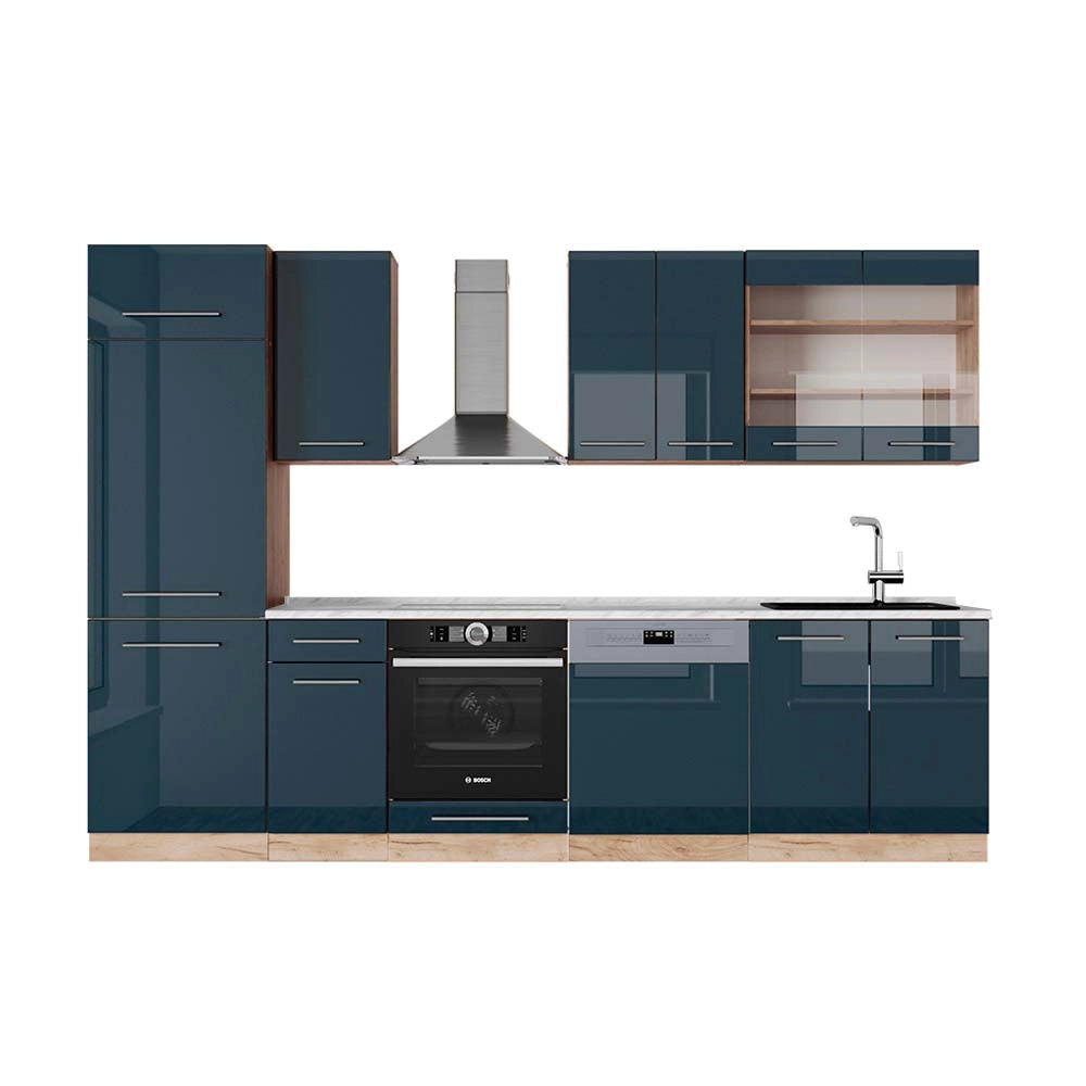 Cucina componibile Fame-Line Blu scuro lucido/Rovere dorato 300 cm, PL Marmo Vicco