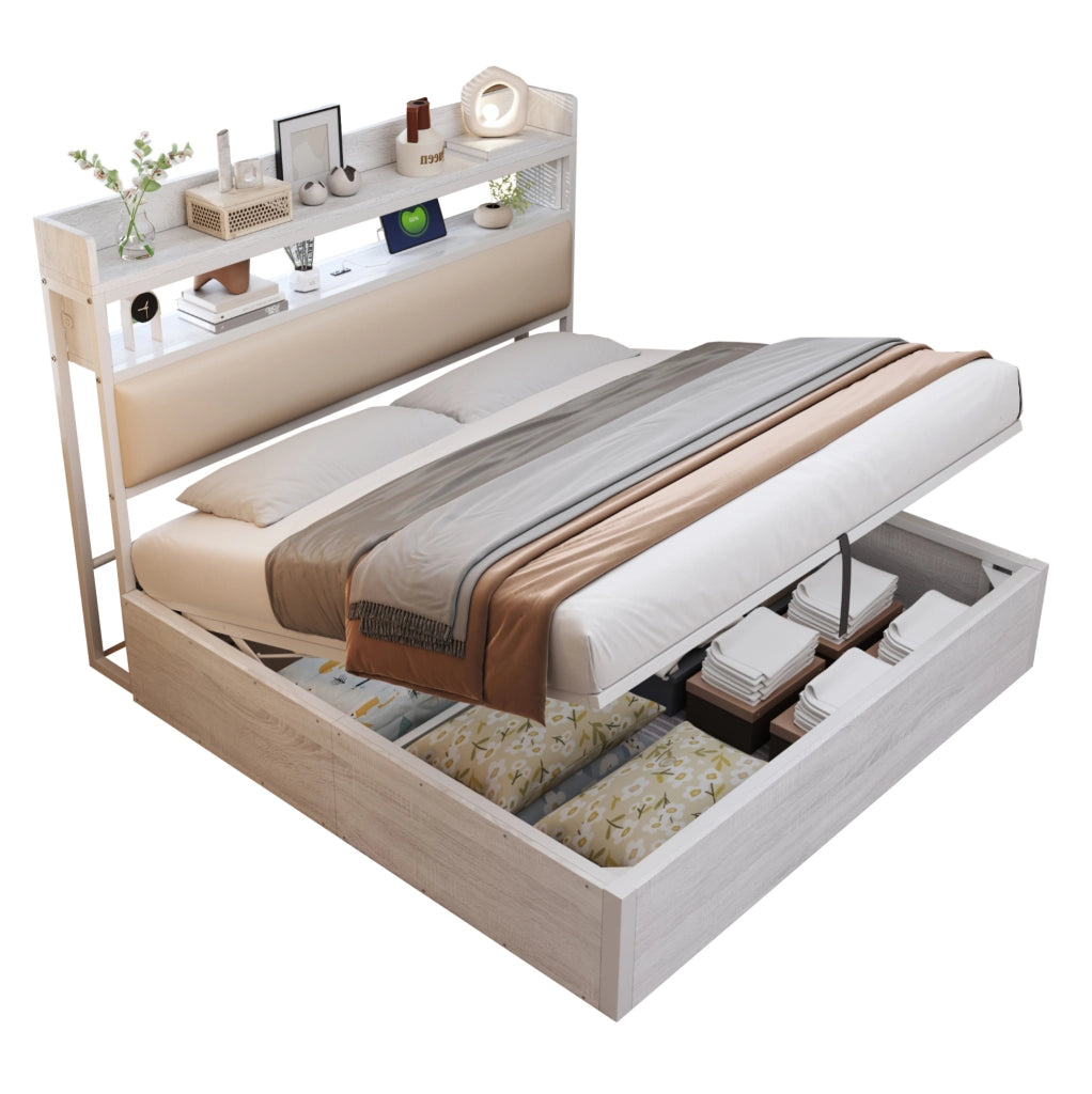 Letto 180x200 cm con contenitore idraulico in metallo; legno e tessuto bianco