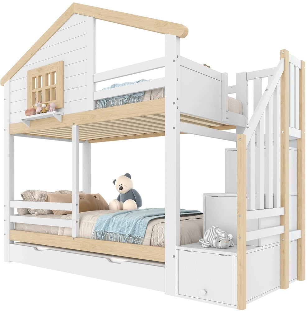 Letto a Castello con Letto Estraibile ¨C MINIMAL ¨C Bianco, 90x200, Legno, Finestra, Contenitore