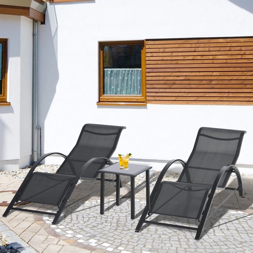 Set 2 Lettini Prendisole e Tavolino con Ripiano 59x169x66 cm in Tessuto Traspirante e Metallo Nero